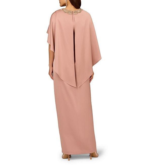 Aidan Mattox Crepe Back Satin Cape Beaded Neck Applique Dress Product Image