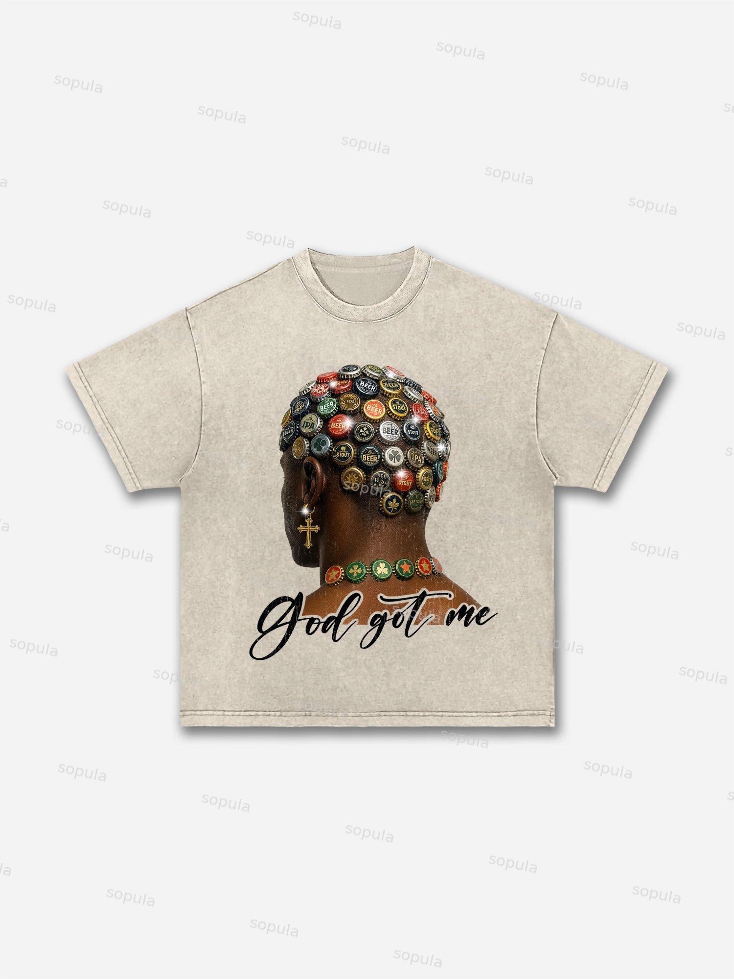 God Got Me Shining Cross And Beer Bottle Cap Hairstyle Vintage Graphic Acid Wash T-shirt Product Image