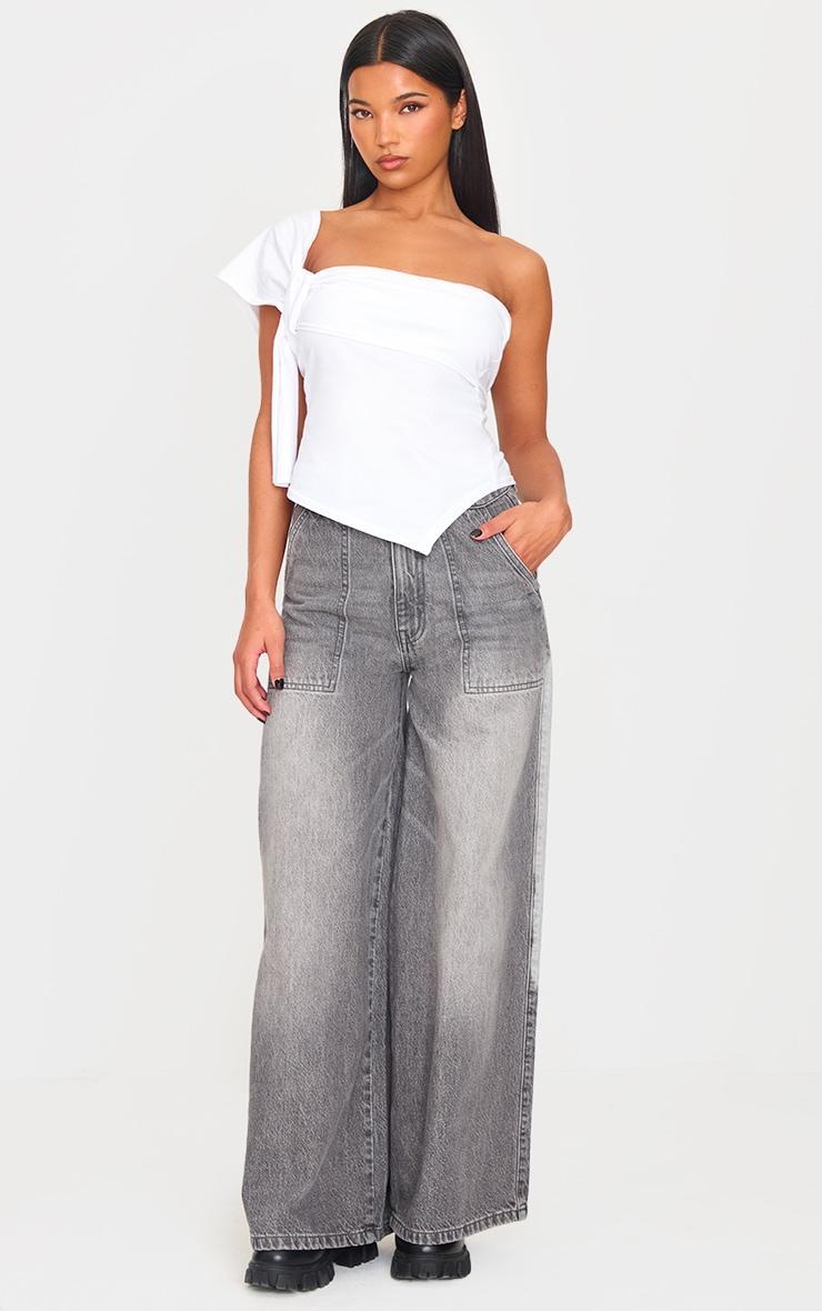 White Cotton Knot Detail Asymmetric Shoulder Long Top Product Image