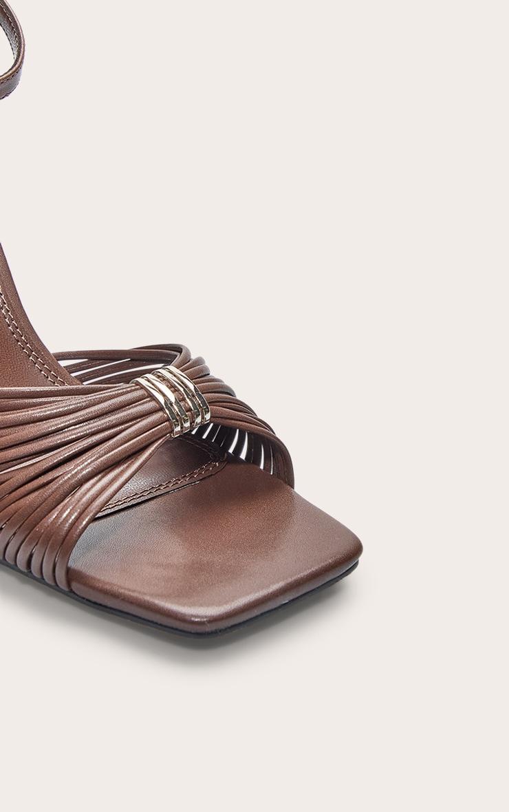 Chocolate Pu Square Toe Multi Strap Gold Trim High Heeled Sandals Product Image