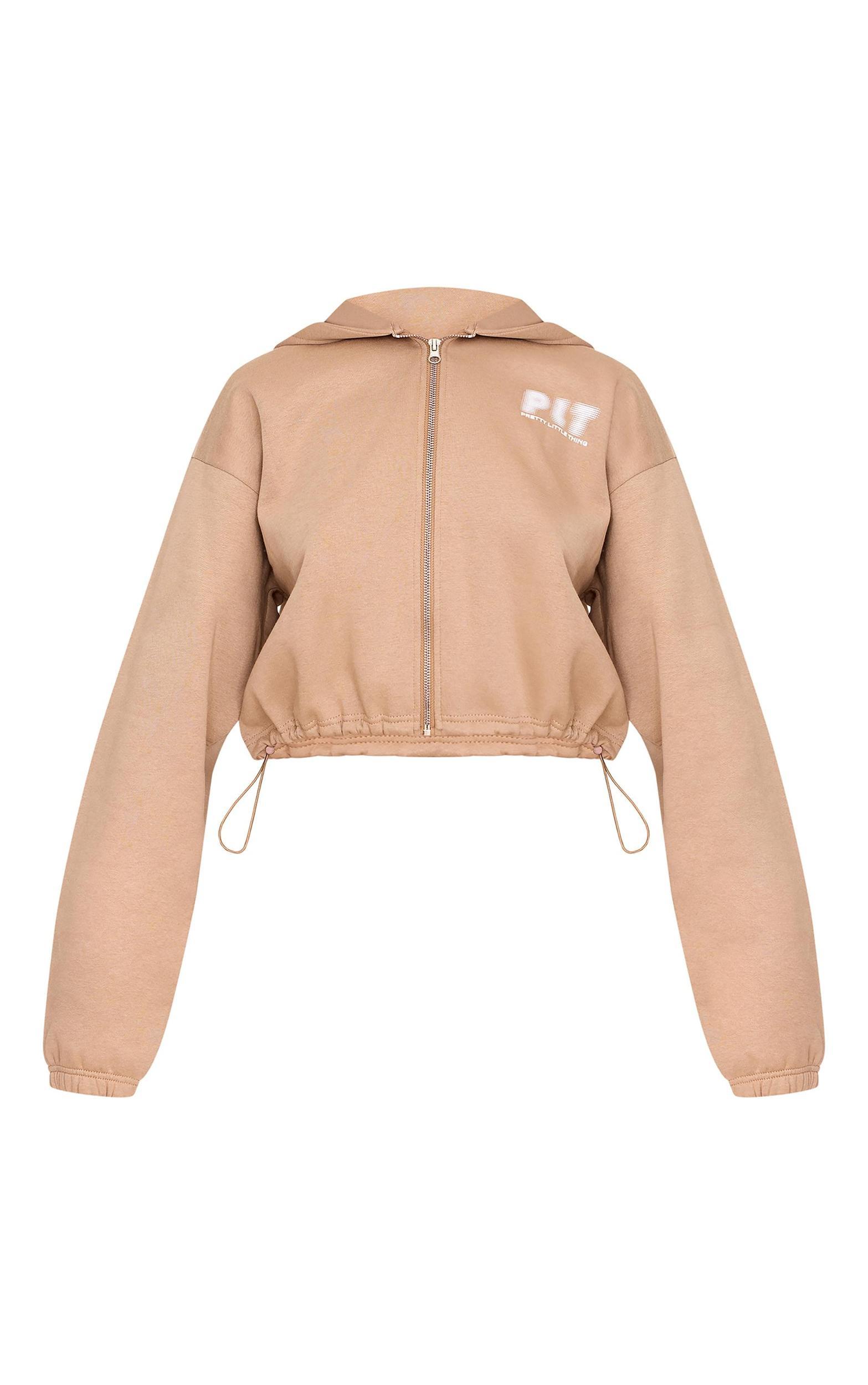 PRETTYLITTLETHING Taupe Elasticated Hem Zip Up Hoodie Product Image