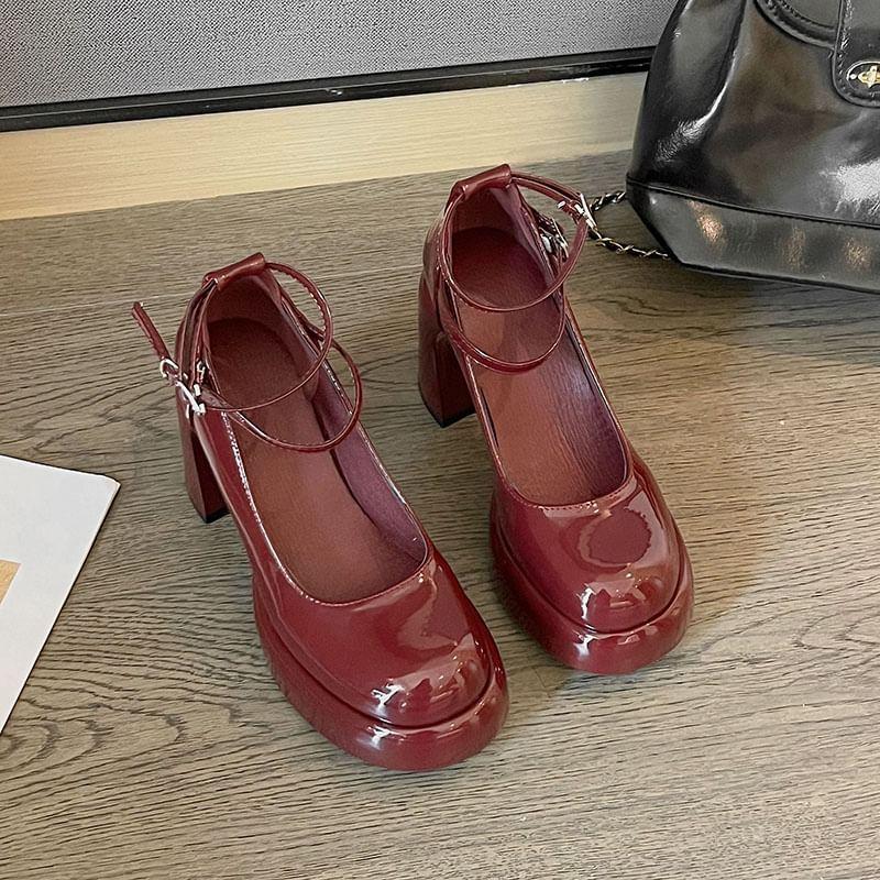 Platform Ankle Strap Patent Leather Block Heel Pumps Product Image