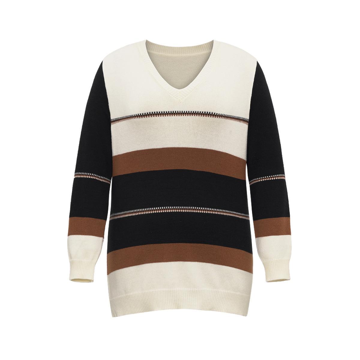 Plus Size Supersoft Essentials Colorblock Very Stretchy Pullover Multicolor Women Casual Loose Long Sleeve V-neck Dailywear Pullovers BloomChic 26/4X Product Image