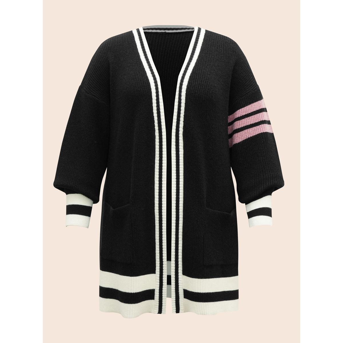Plus Size Contrast Striped Drop Shoulder Cardigan Black Women Casual Loose Long Sleeve Everyday Cardigans BloomChic 26/4X Product Image