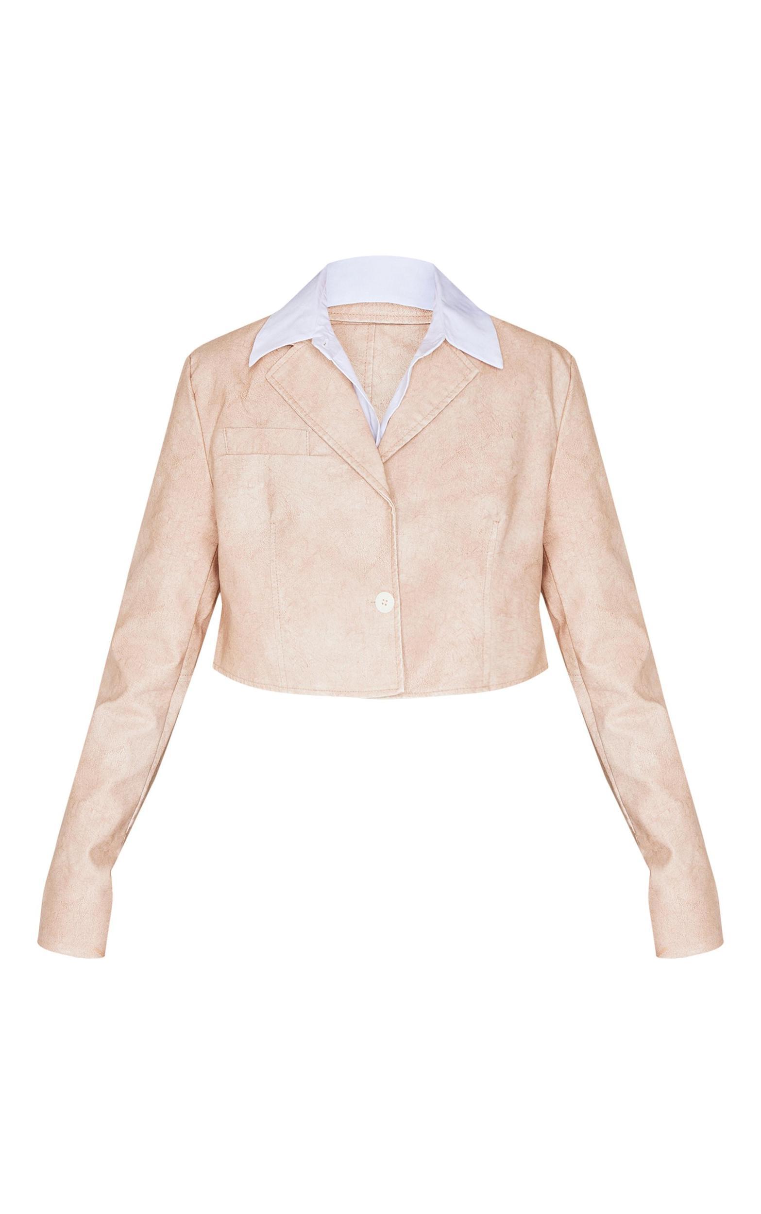 Cream Distressed Faux Leather Crop Jacket Product Image