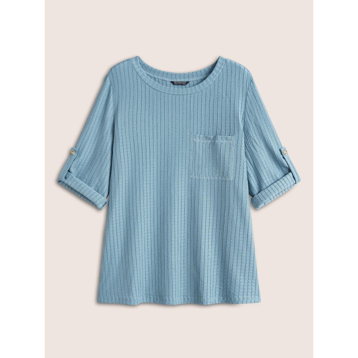 Plus Size Plain Textured Patched Pocket Tab Sleeve T-shirt Stone Women Casual Non Plain Round Neck Everyday T-shirts BloomChic 18-20/2X Product Image