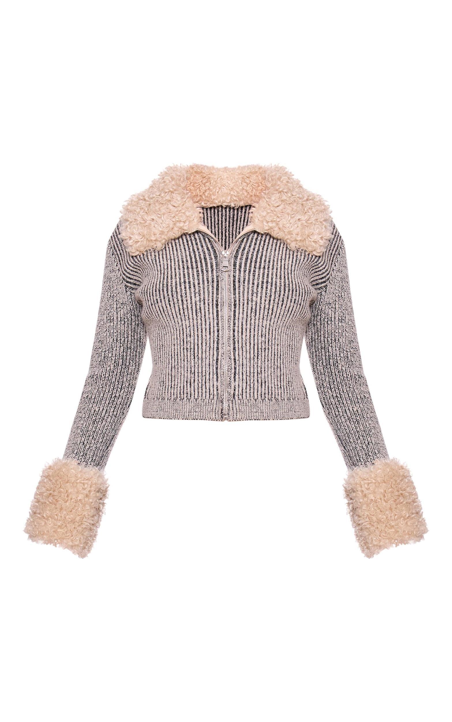Indigo Fur Trim Detail Double Zip Cardigan Product Image