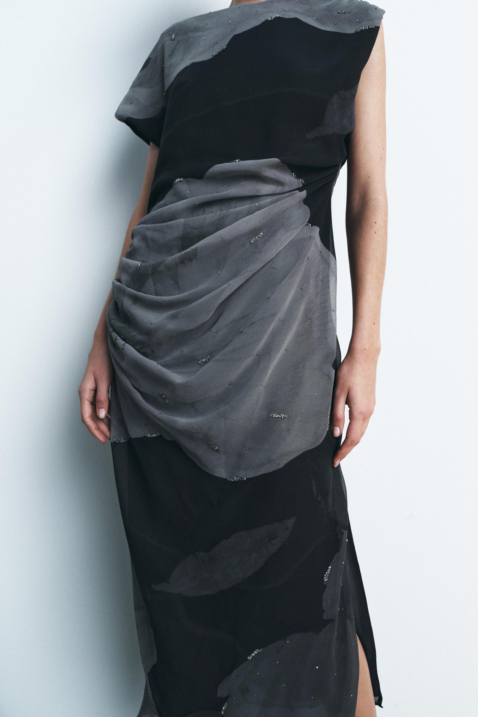 BEADED DRAPED DRESS Product Image