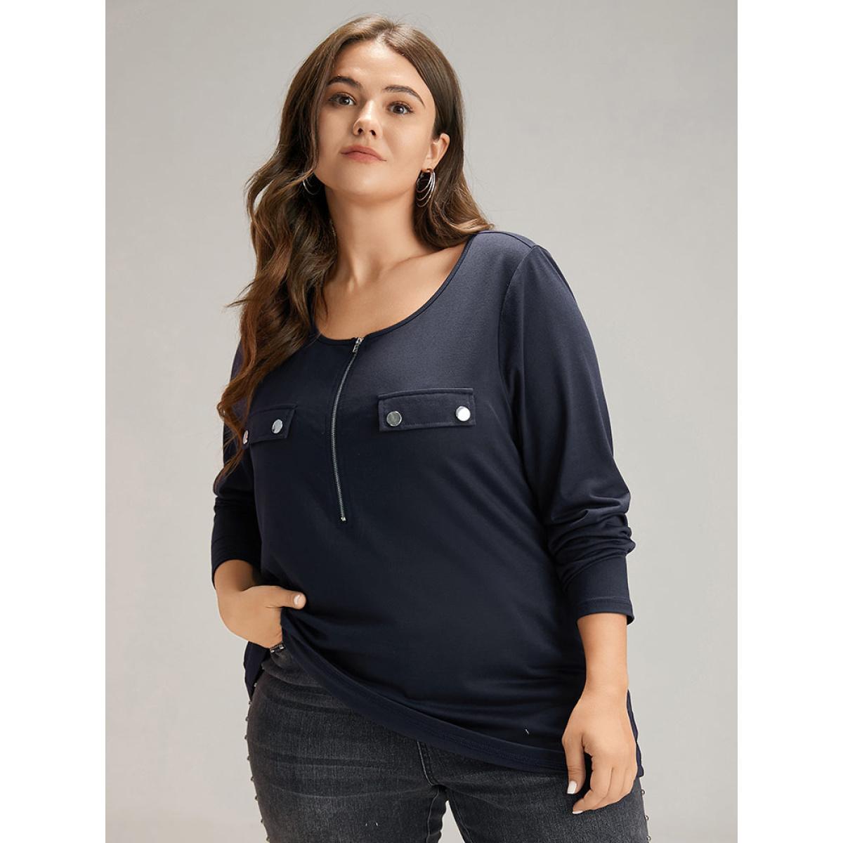 Plus Size Plain Half Zip Button Detail T-shirt Midnight Women Casual Plain Plain Open Front Everyday T-shirts BloomChic 28/5X Product Image