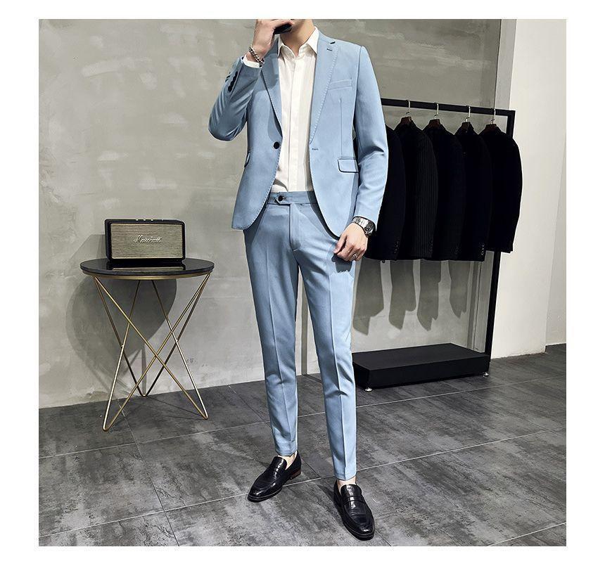 Set: Plain One-Buttoned Blazer + Tapered Dress Pants Product Image
