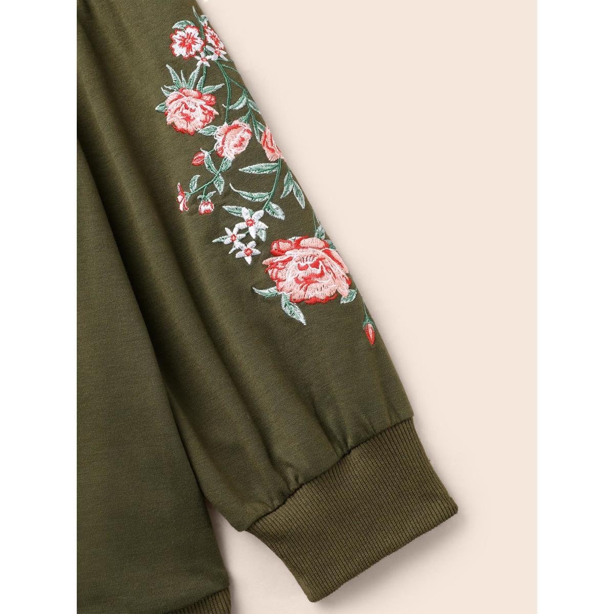 Plus Size Floral Embroidered Crew Neck Gathered Sweatshirt Women ArmyGreen Casual Embroidered Round Neck Everyday Sweatshirts BloomChic 28/5X Product Image