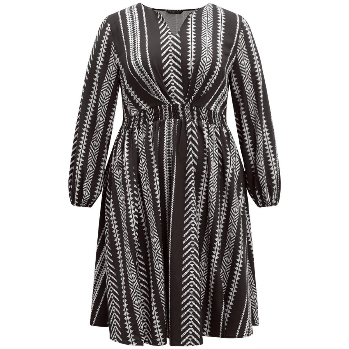 Plus Size Striped Boho Print Shirred Split Hem Dress Black Women Resort Elastic cuffs Notched collar Long Sleeve Curvy Midi Dress BloomChic 30/6X Product Image