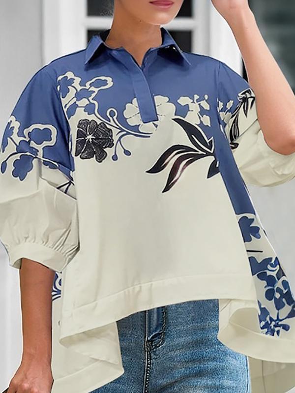 Half Sleeves High-Low Buttoned Flower Print Pleated Lapel Blouses&Shirts Tops Product Image