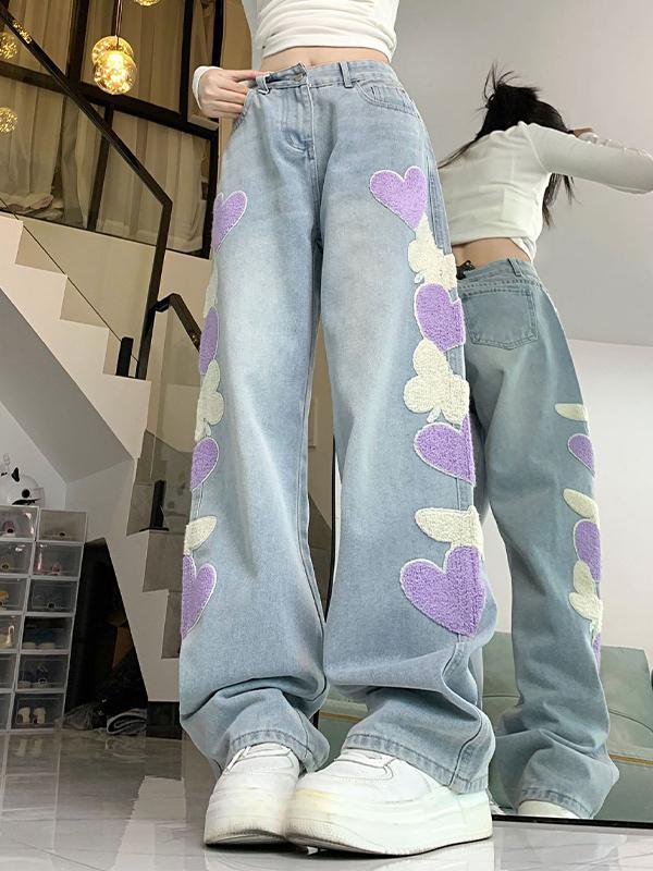 Flocking Embroidery Print High Rise Boyfriend Jeans Product Image