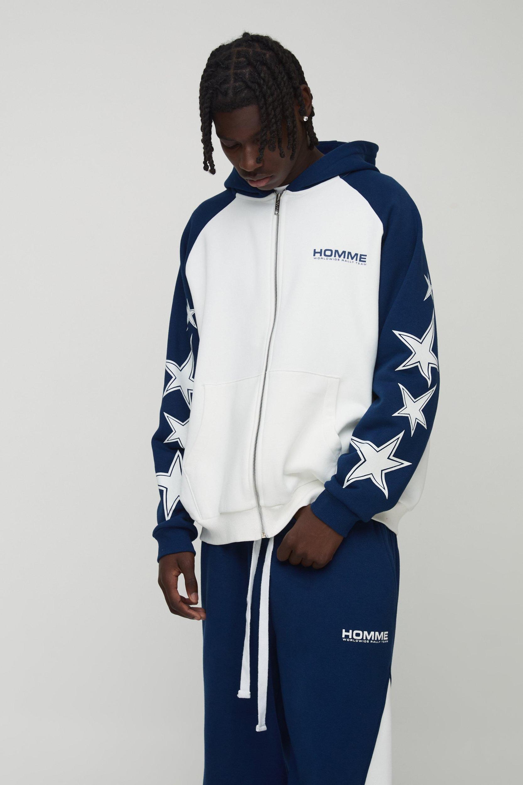 Oversized Raglan Homme Star Gusset Zip Through Hooded Tracksuit | boohooMAN USA Product Image