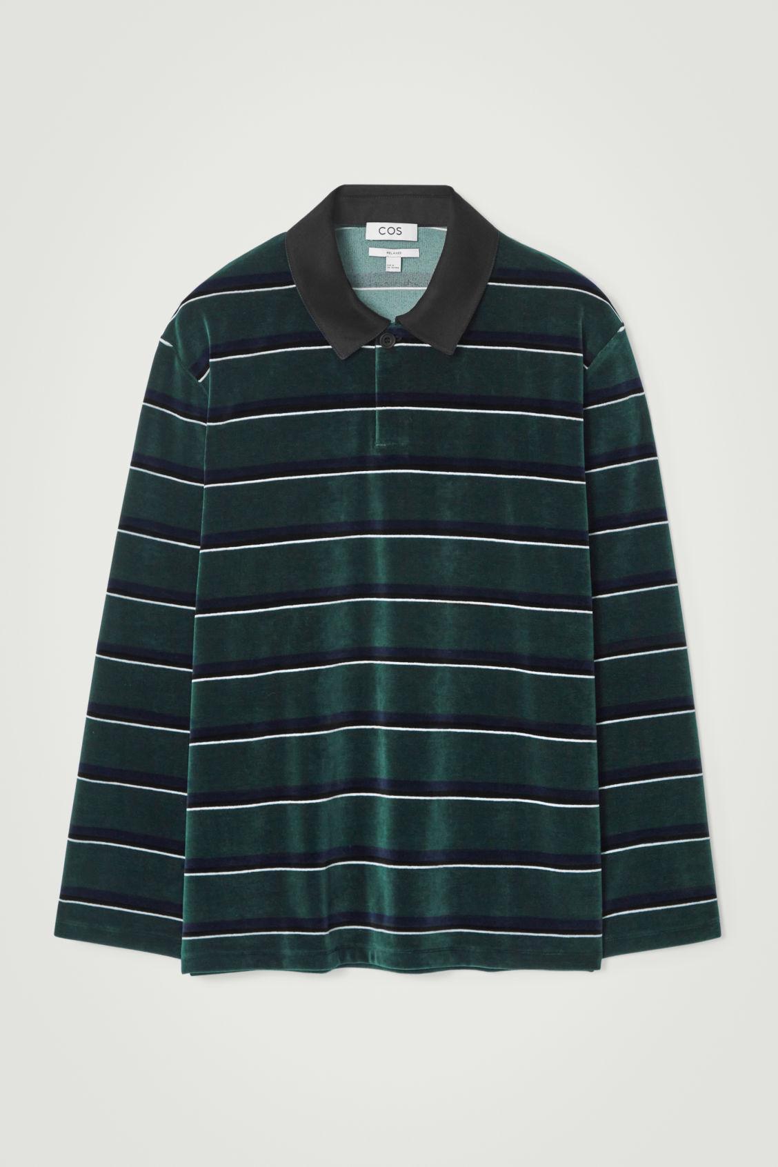 COS Striped Velvet Long-sleeved Polo Shirt In Green Product Image