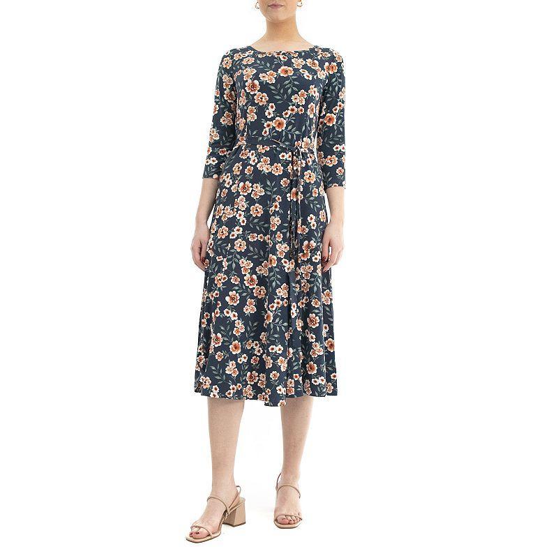Womens Nina Leonard Belted 3/4 Sleeve Print Midi Dress Dusty Pink Product Image