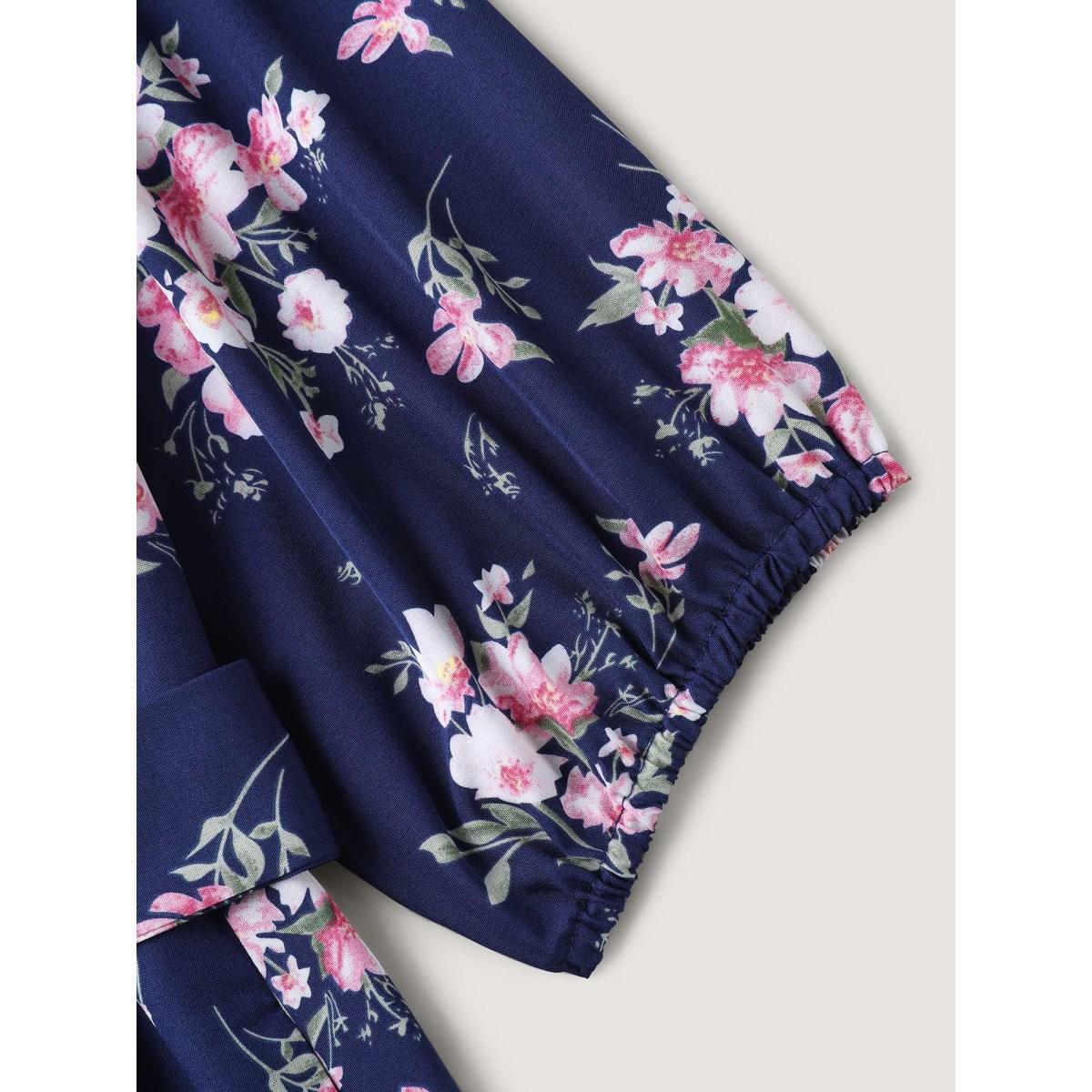 Plus Size Floral Print Belted Wrap Hem Midi Dress Skyblue Women Overlap Collar Elbow-length sleeve Curvy BloomChic 22-24/3X Product Image