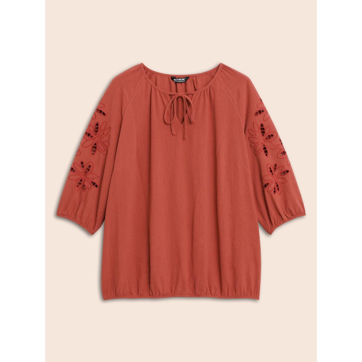 Plus Size Rust Broderie Anglaise Gathered Tie Knot Blouse Women Resort Elbow-length sleeve Round Neck Vacation Blouses BloomChic 22-24/3X Product Image