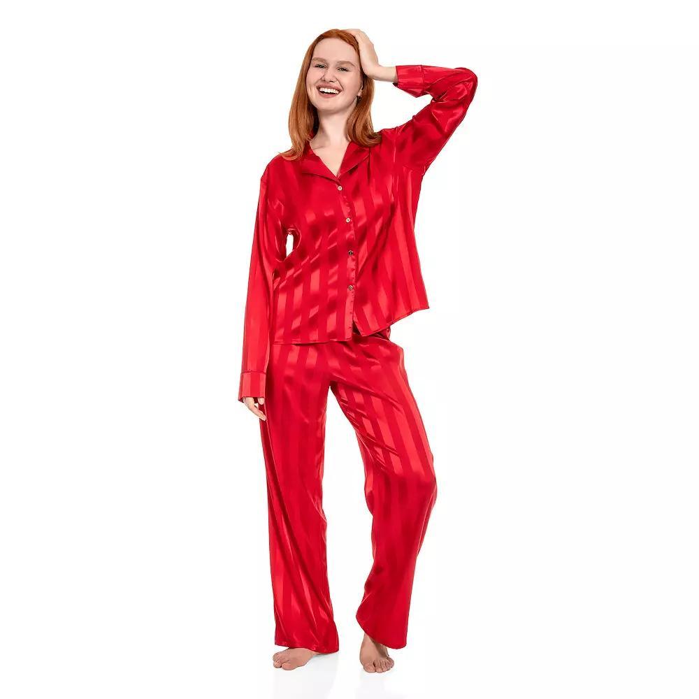 Women's Lilac+London Long Satin Notch Collar Pajama Top & Pajama Bottoms Set, Size: XXL LONG, Red Product Image