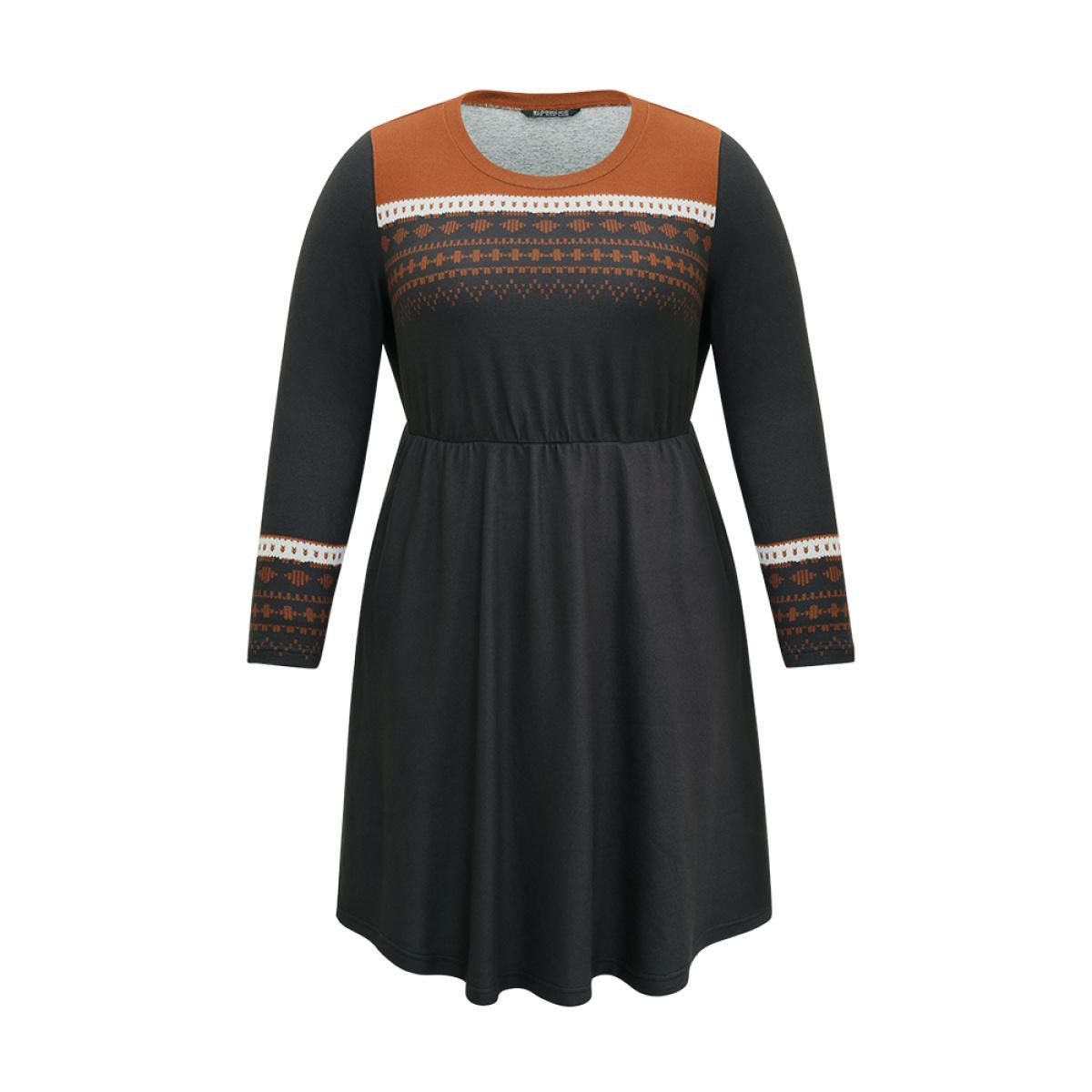 Plus Size Boho Geometric Print Contrast Elastic Waist Dress Black Women Casual Printed Round Neck Long Sleeve Curvy Midi Dress BloomChic 30/6X Product Image