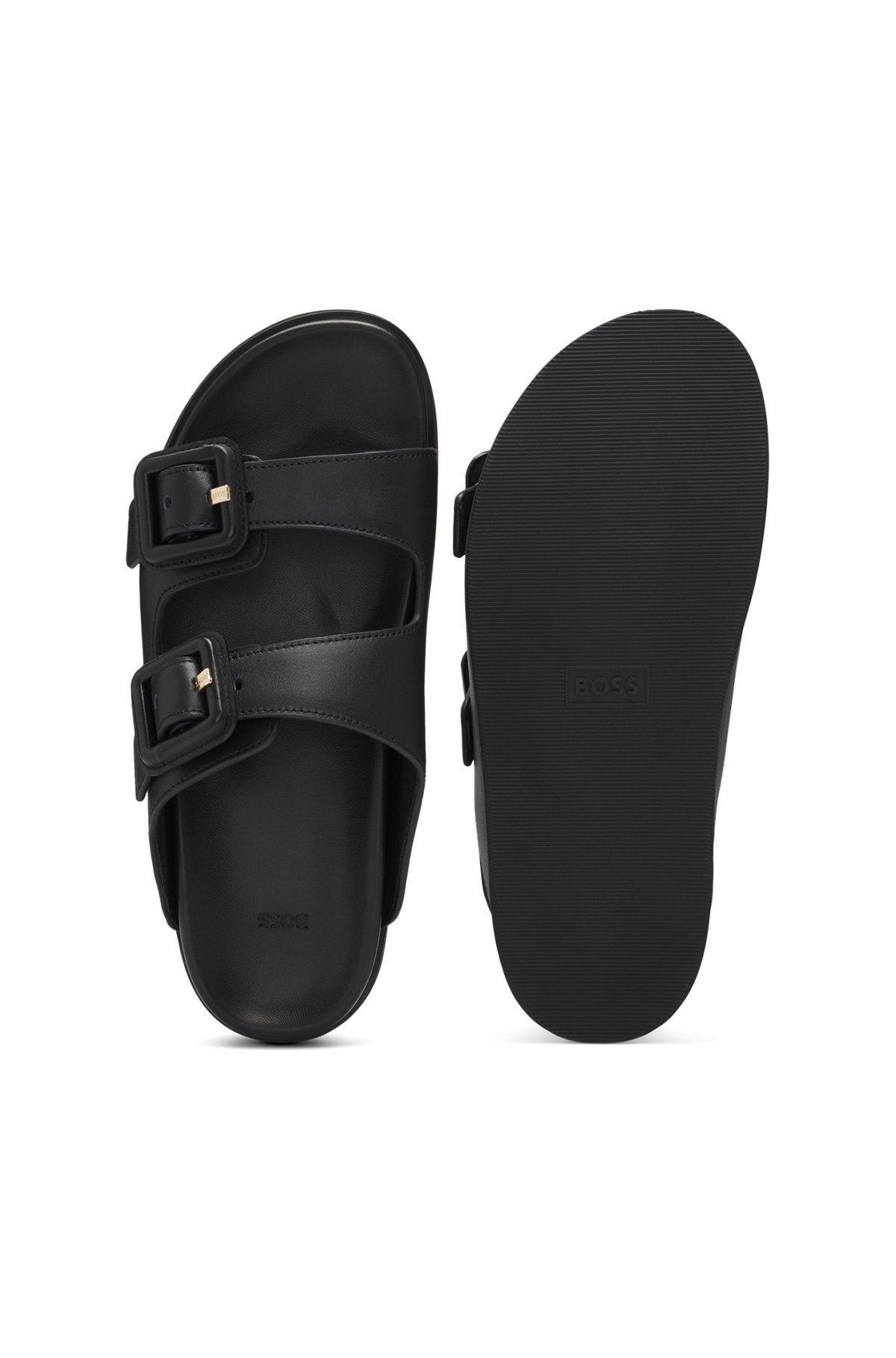 BOSS - Leather slides with twin buckled straps - Black Product Image