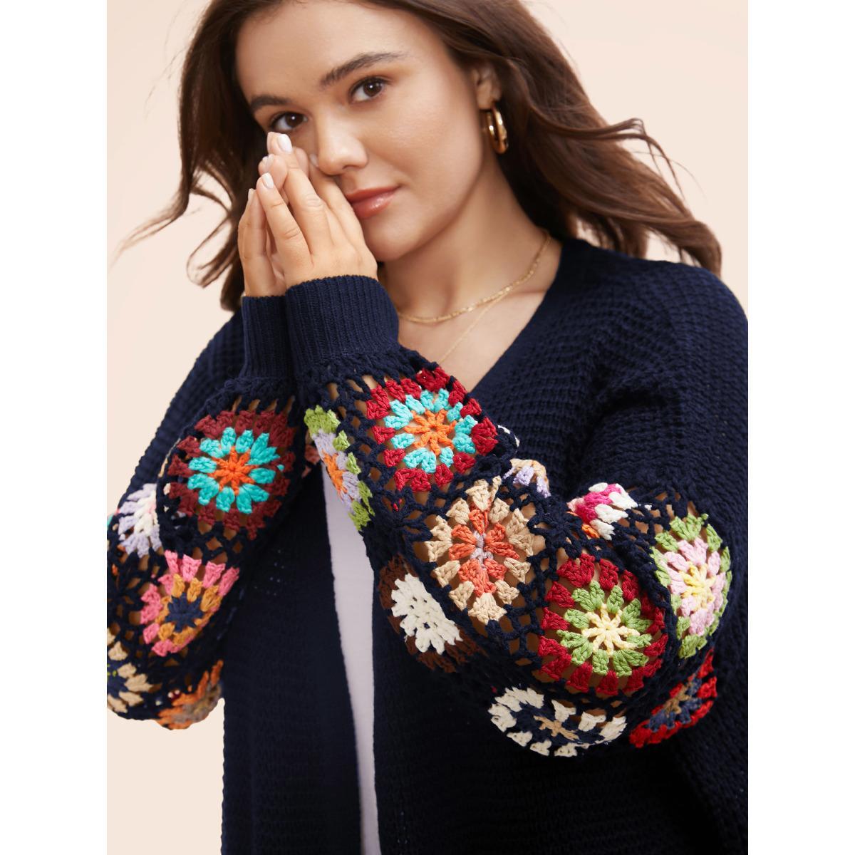 Plus Size Crochet Floral Drop Shoulder Cut Out Cardigan Midnight Women Resort Loose Long Sleeve Vacation Cardigans BloomChic 10/M Product Image