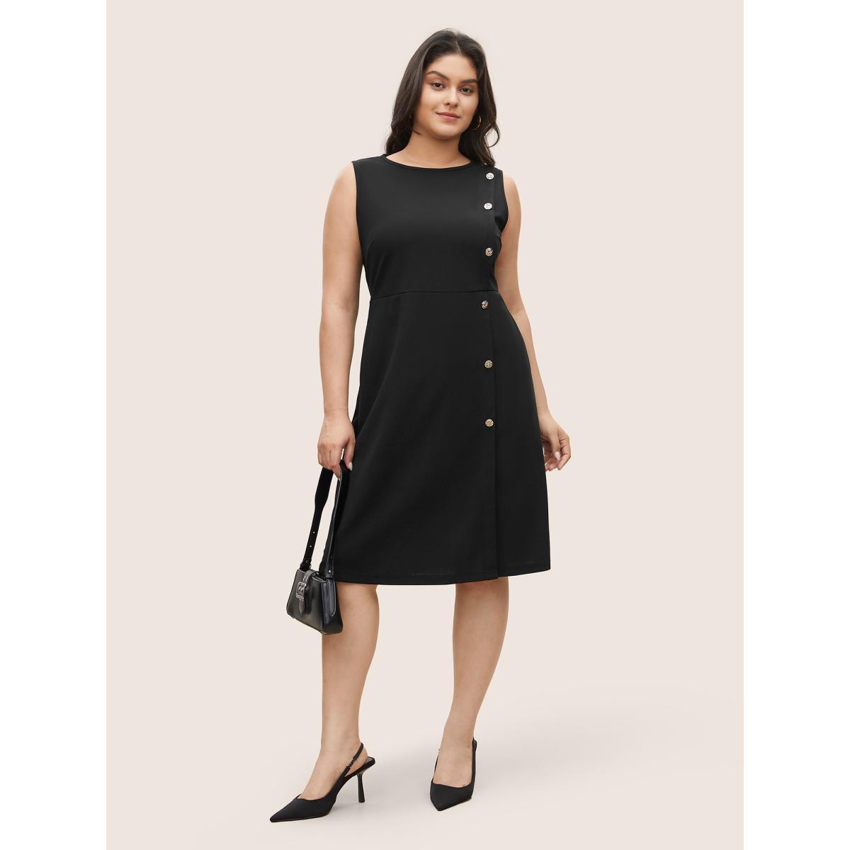 Plus Size Plain Sleeveless Button Detail Pocket Dress Black Women Workwear Essentials Non Round Neck Sleeveless Curvy Midi Dress BloomChic 14-16/1X Product Image