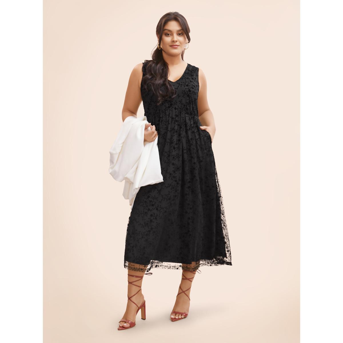 Plus Size Floral Flocking Mesh Sleeveless Dress Black Women Elegant Texture V-neck Sleeveless Curvy BloomChic 18-20/2X Product Image