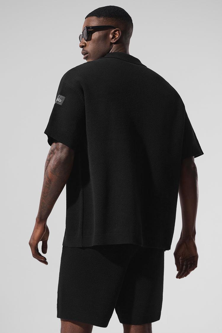 Sports Club Sweater Knit Short Sleeve Button Up - Black Product Image