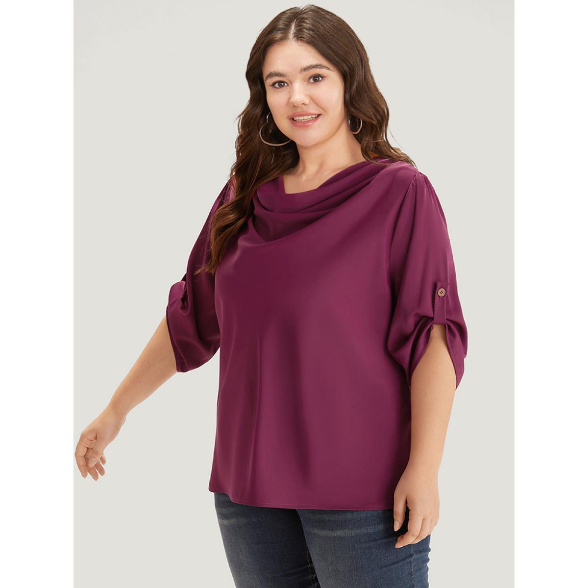 Plus Size Indigo Solid Cowl Neck Tab Sleeve Blouse Women Elegant Half Sleeve Cowl Neck Dailywear Blouses BloomChic 22-24/3X Product Image
