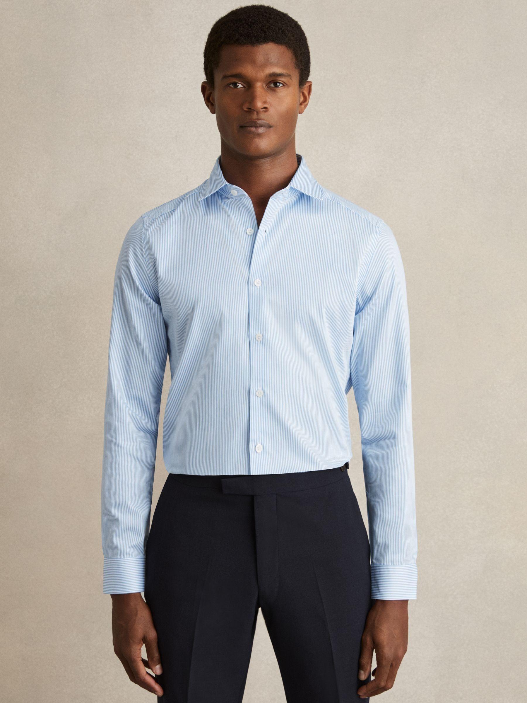 Slim Fit Cotton-Satin Cutaway-Collar Shirt in Blue Stripe Product Image