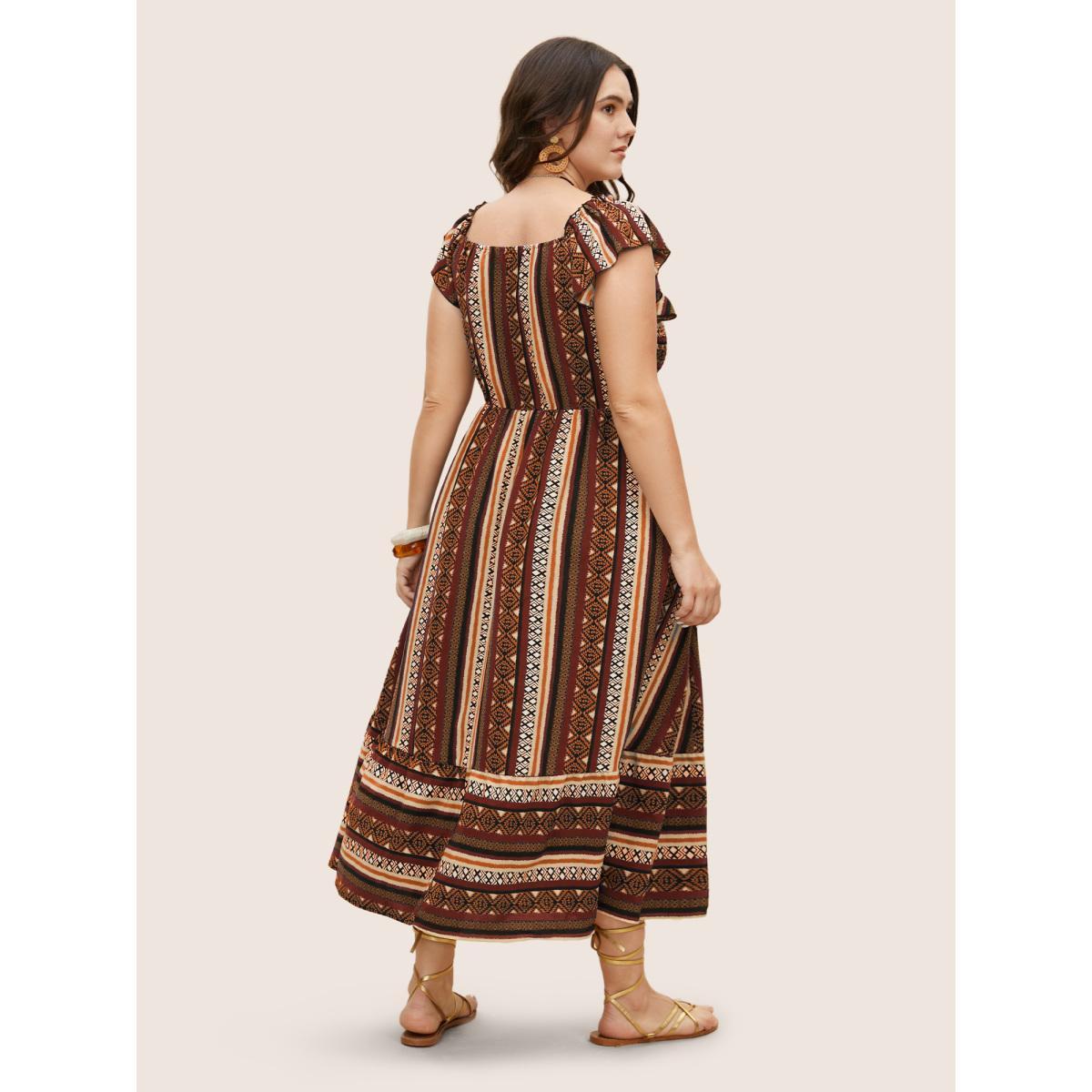 Plus Size Bandana Striped Shirred Ruffle Trim Dress Russet Women Resort Shirred Square Neck Cap Sleeve Curvy BloomChic 28/5X Product Image