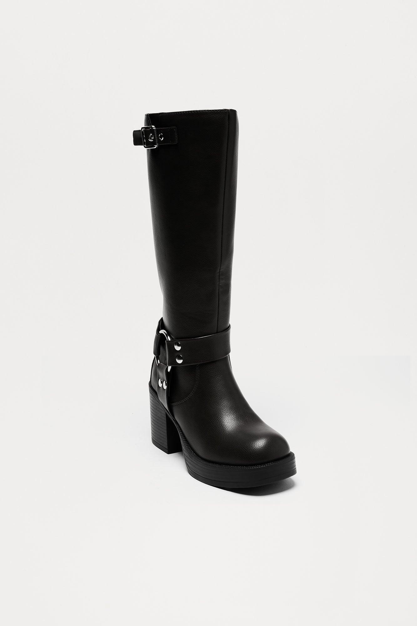 Arden Buckle Knee High Boots - Black Product Image