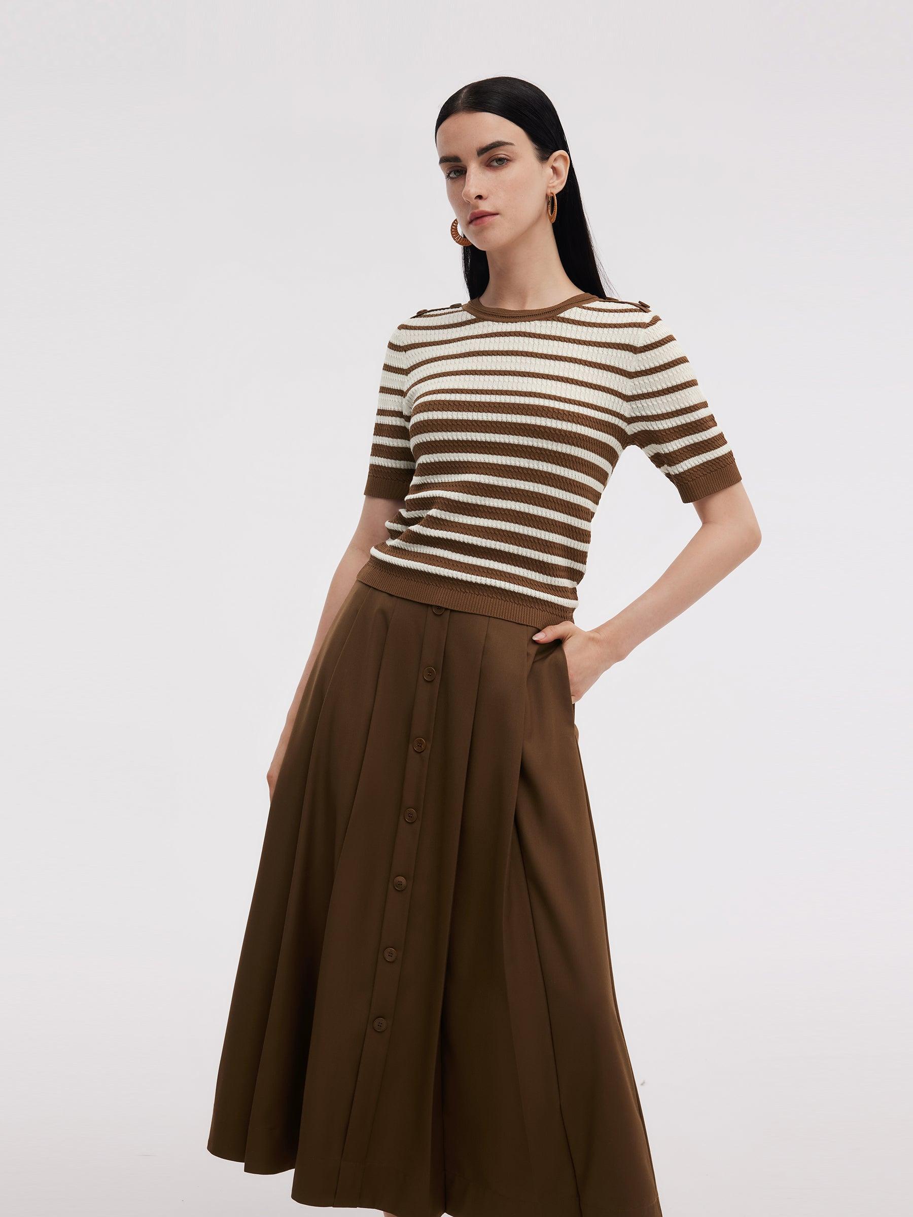 Stripe Knit Top And A-Line Skirt Two-Piece Set Product Image