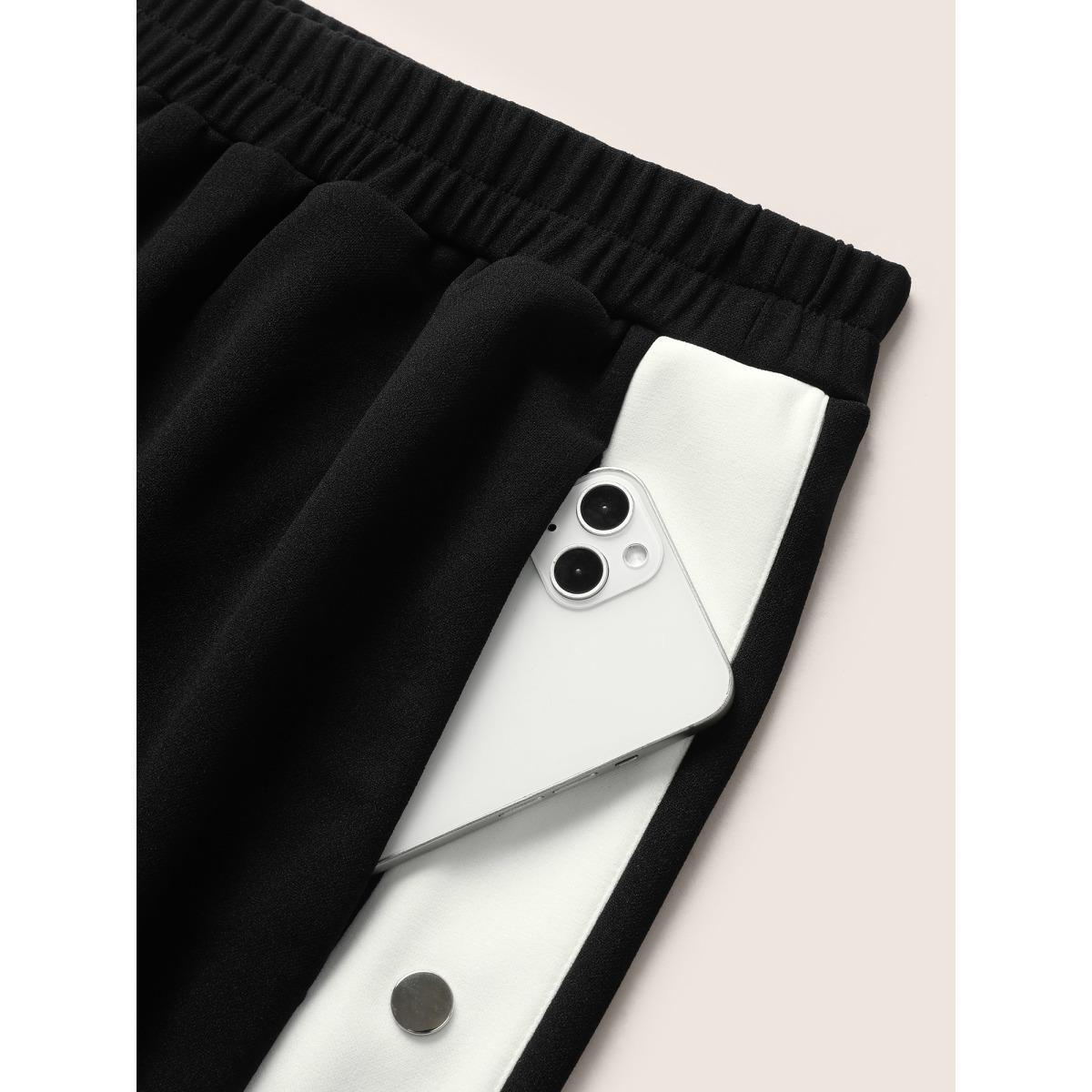 Plus Size Contrast Snap Button Side Wide Leg Pants Women Black Casual Wide Leg High Rise Everyday Pants BloomChic 18-20/2X Product Image