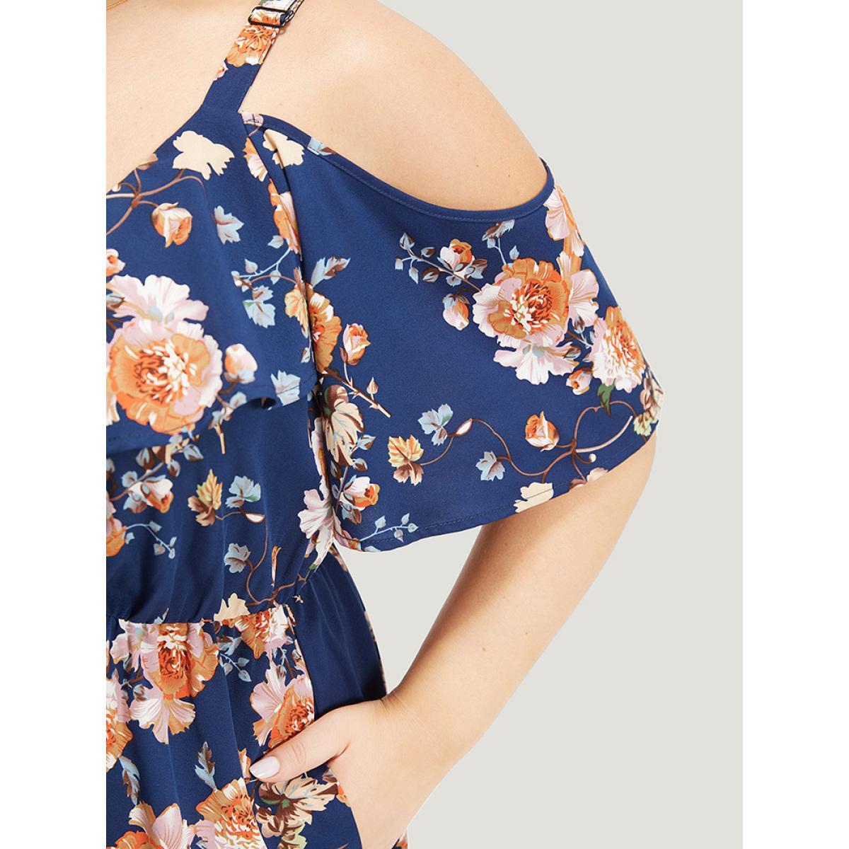 Plus Size Floral Print Ruffle Trim Elastic Waist Cold Shoulder Dress Indigo Women Elegant Adjustable Straps V-neck Short sleeve Curvy Midi Dress BloomChic 10/M Product Image