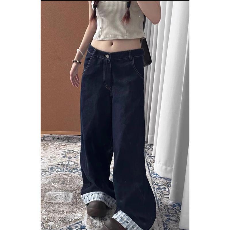 Low Rise Letter Embroidered Plaid Panel Wide Leg Jeans Product Image