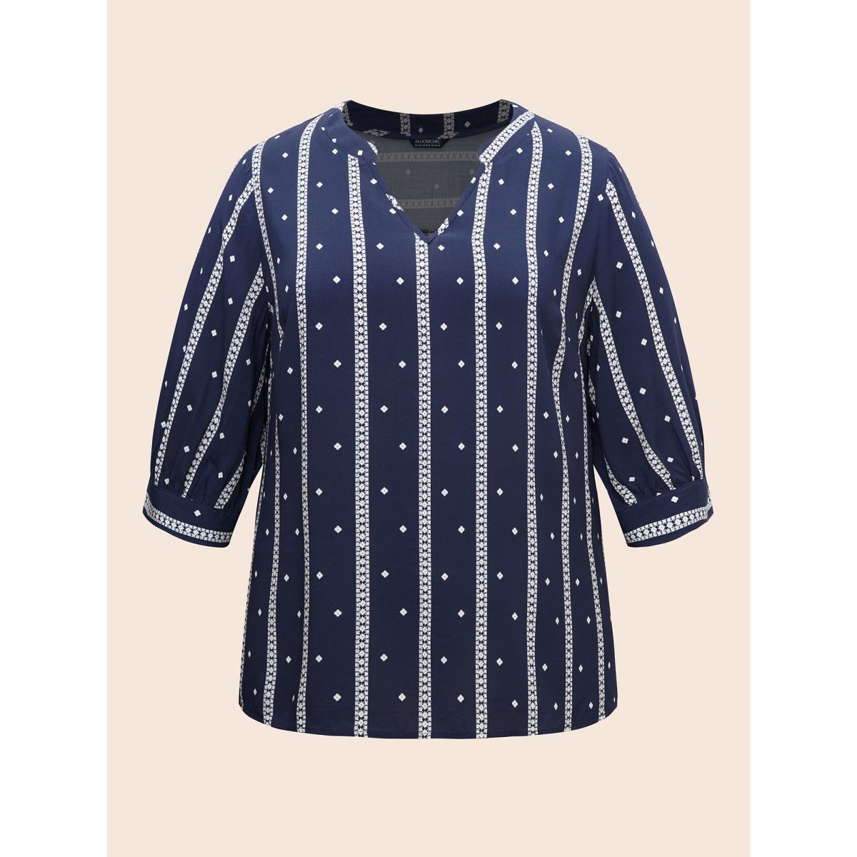 Plus Size Indigo Striped Geometric Notched Gathered Blouse Women Resort Elbow-length sleeve Notched collar Vacation Blouses BloomChic 30/6X Product Image