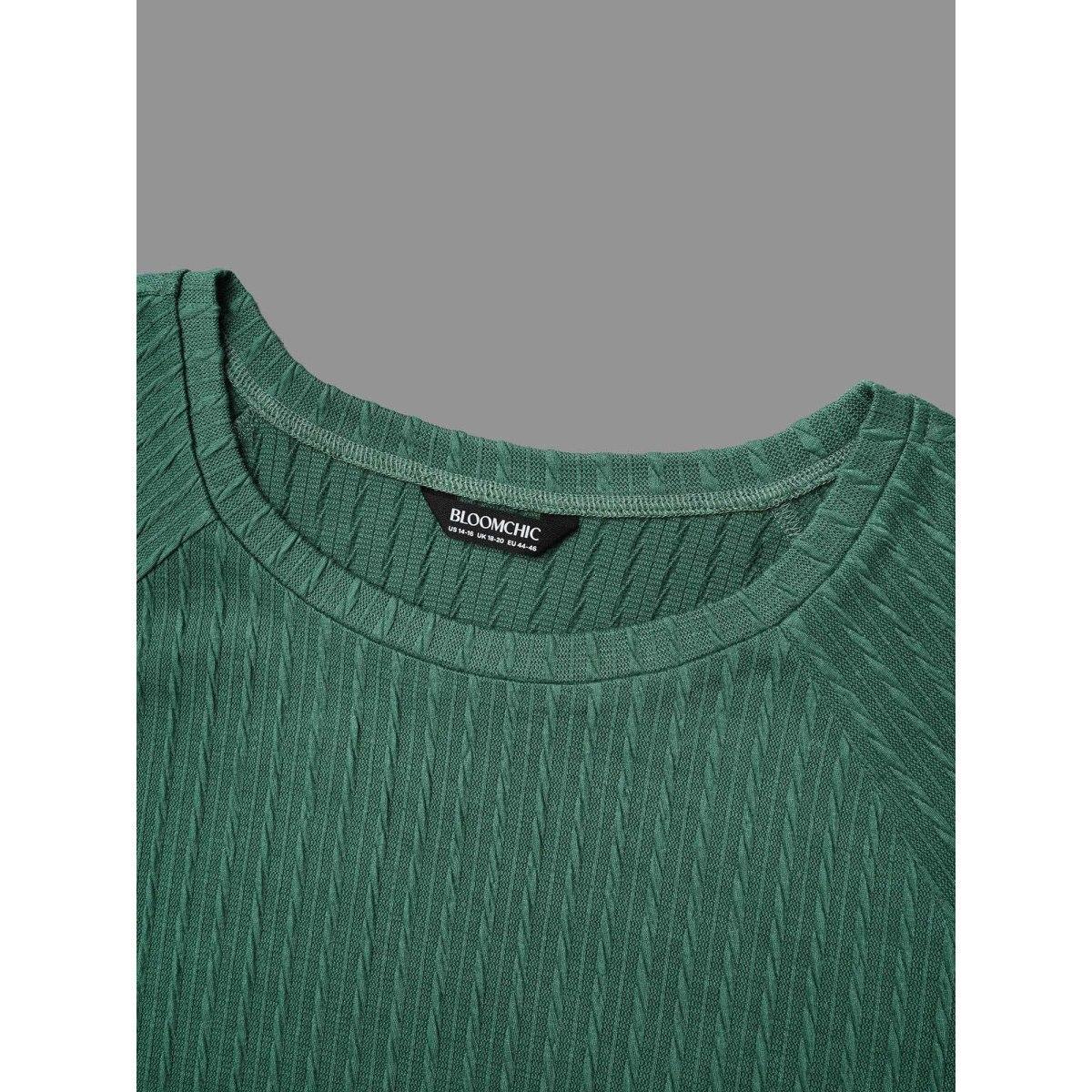 Plus Size Textured Elastic Raglan Sleeves T-shirt Emerald Women Casual Texture Round Neck Everyday T-shirts BloomChic 12/L Product Image