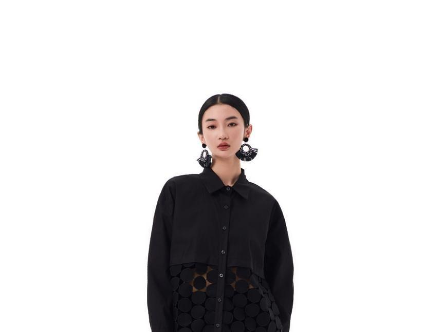 Long-Sleeve Cutout Fringed Midi Shirt Dress Product Image