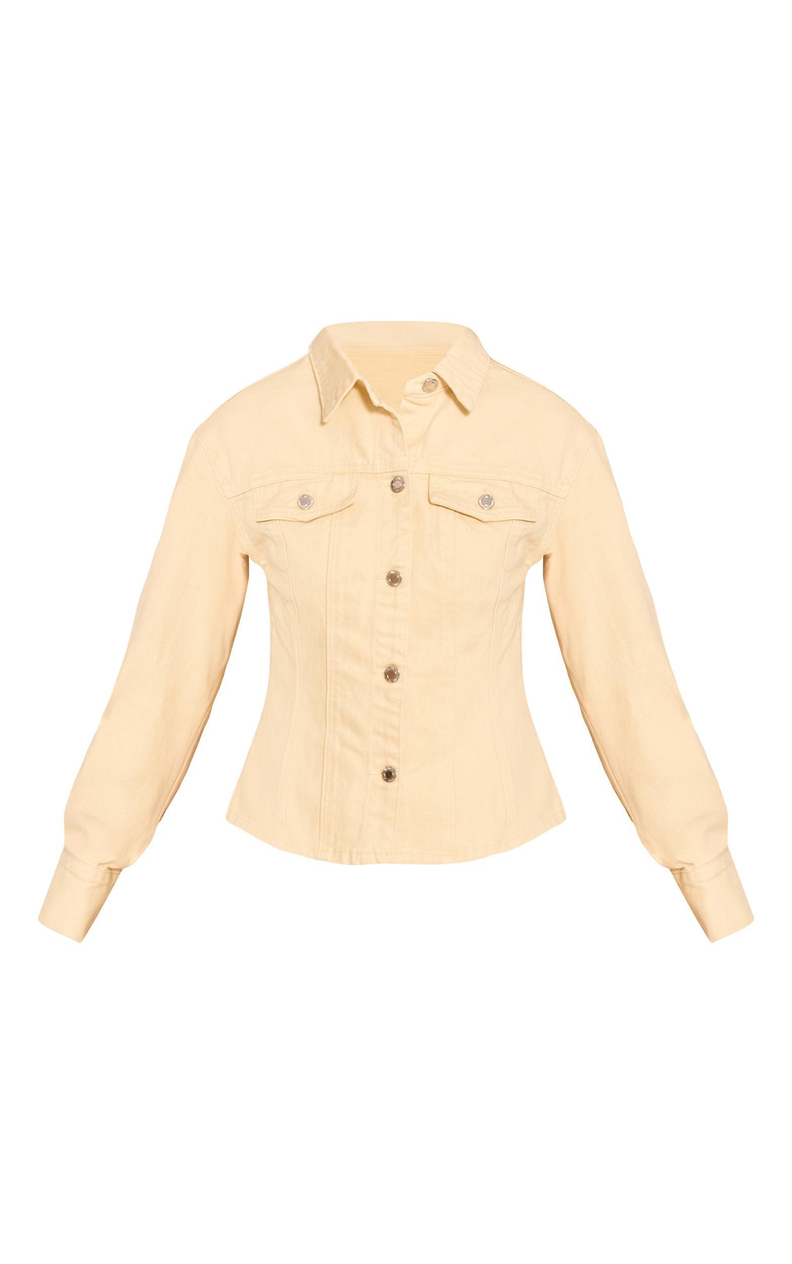 Butter Cream Long Sleeved Cinched Waist Denim Shirt Product Image