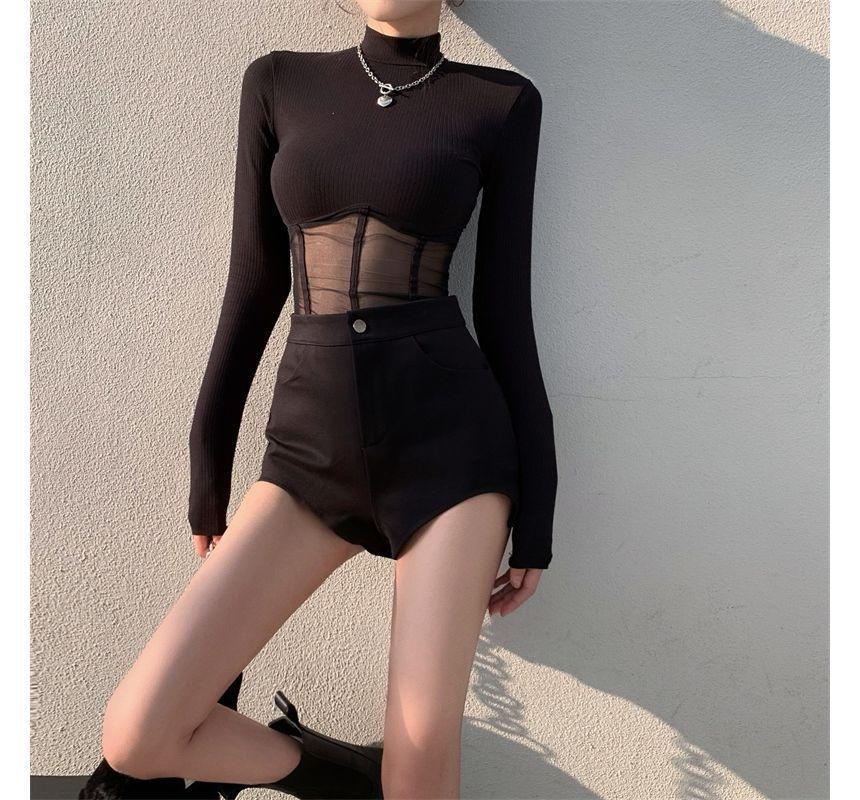 Long-Sleeve Mock-Neck Mesh Corset Waist Top Product Image