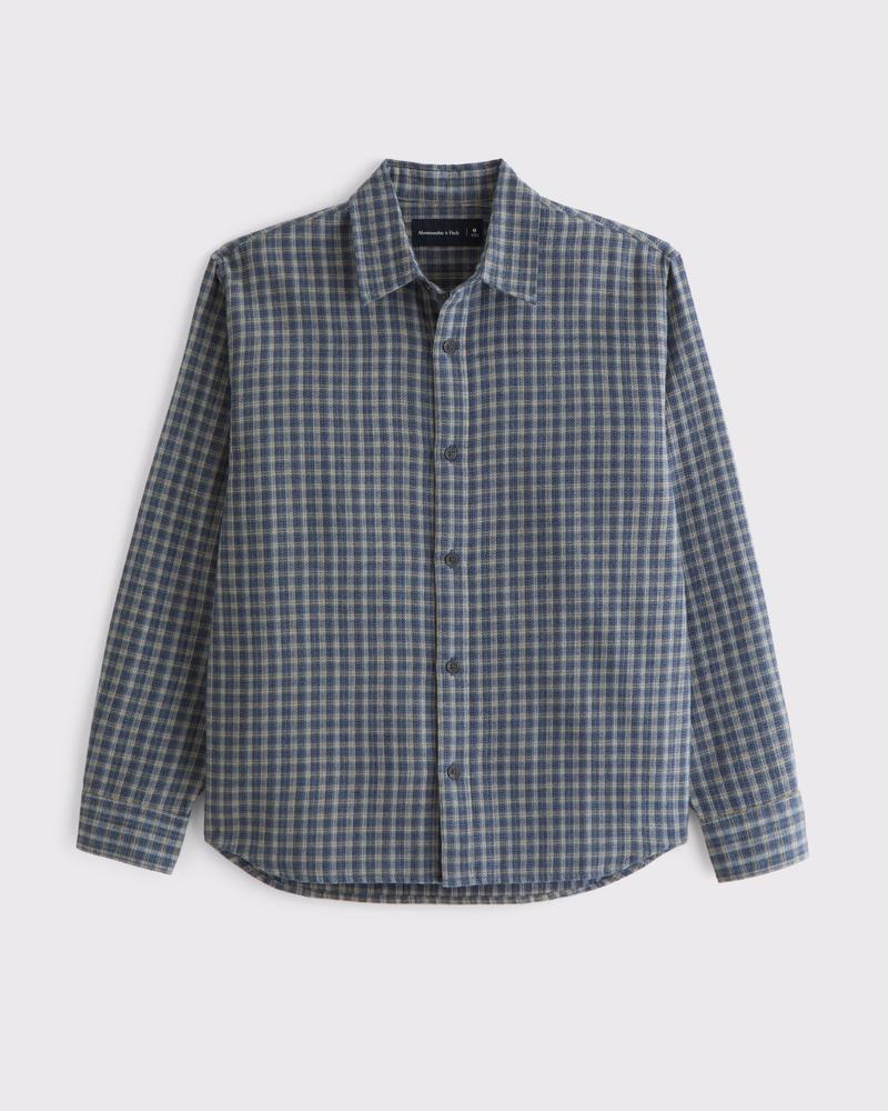 Long-Sleeve Textural Plaid Button-Up Shirt Product Image