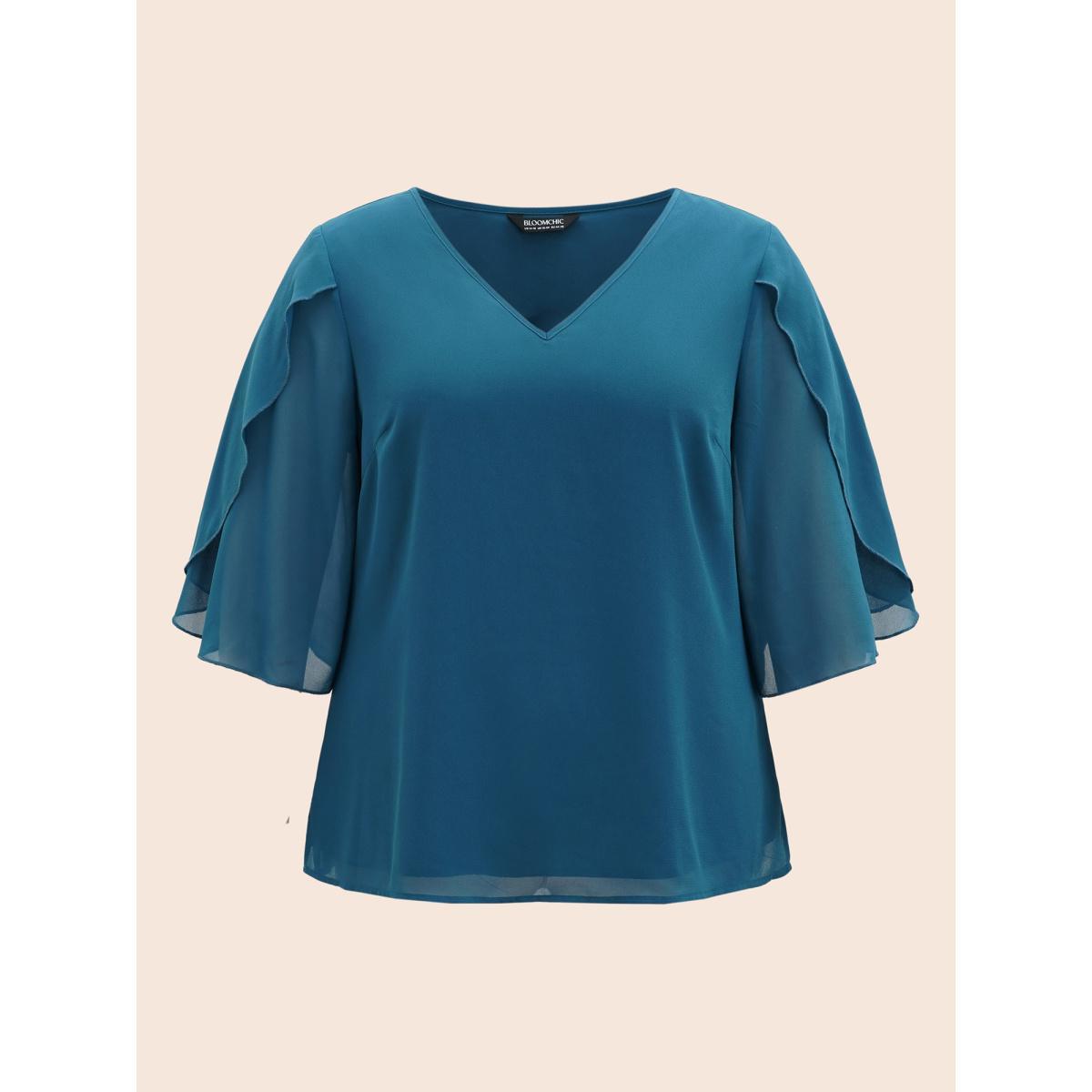 Plus Size Aegean Chiffon Gathered Petal Sleeve Blouse Women Elegant Elbow-length sleeve V-neck Everyday Blouses BloomChic 30/6X Product Image