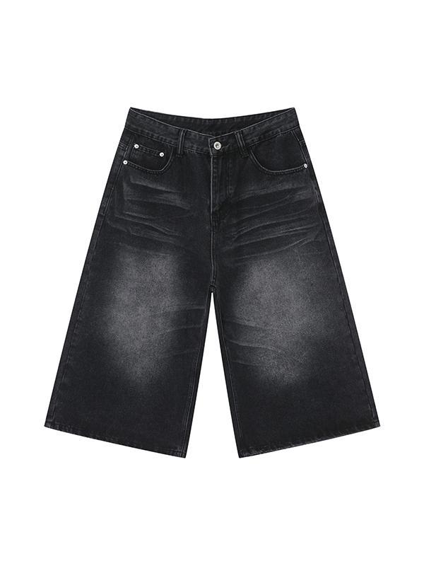 Men'S Retro Washed Wide Leg Straight Denim Shorts Product Image