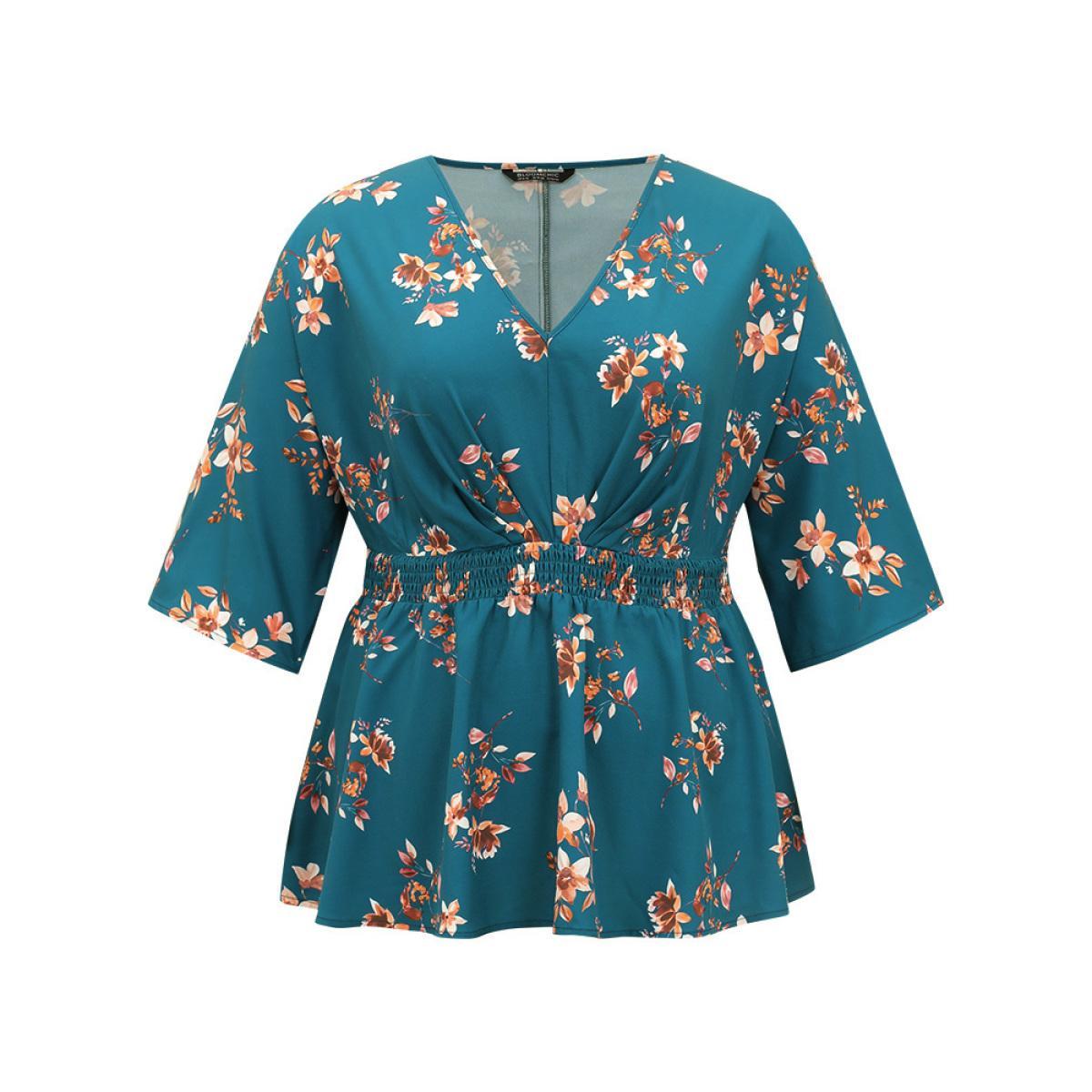 Plus Size Aegean Floral Print Shirred Plicated Detail Blouse Women Elegant Elbow-length sleeve V-neck Dailywear Blouses BloomChic 18-20/2X Product Image
