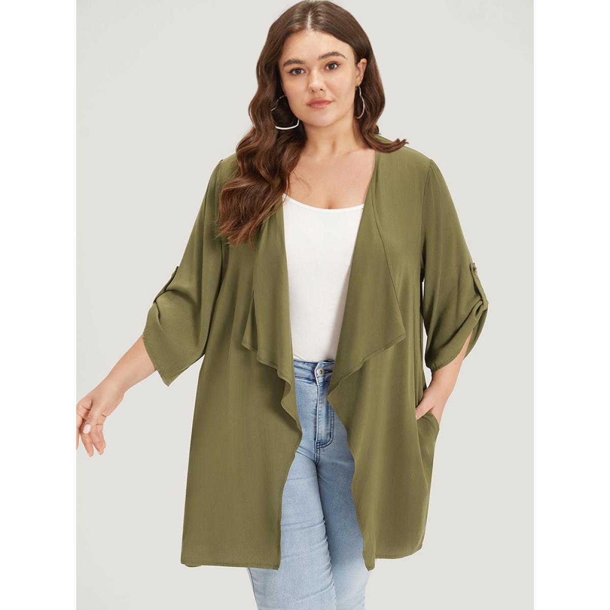 Plus Size Supersoft Essentials Plain Pocket Button Ruffle Open Front Kimono Women ArmyGreen Casual Plain Loose Pocket Dailywear Kimonos BloomChic 30/6X Product Image