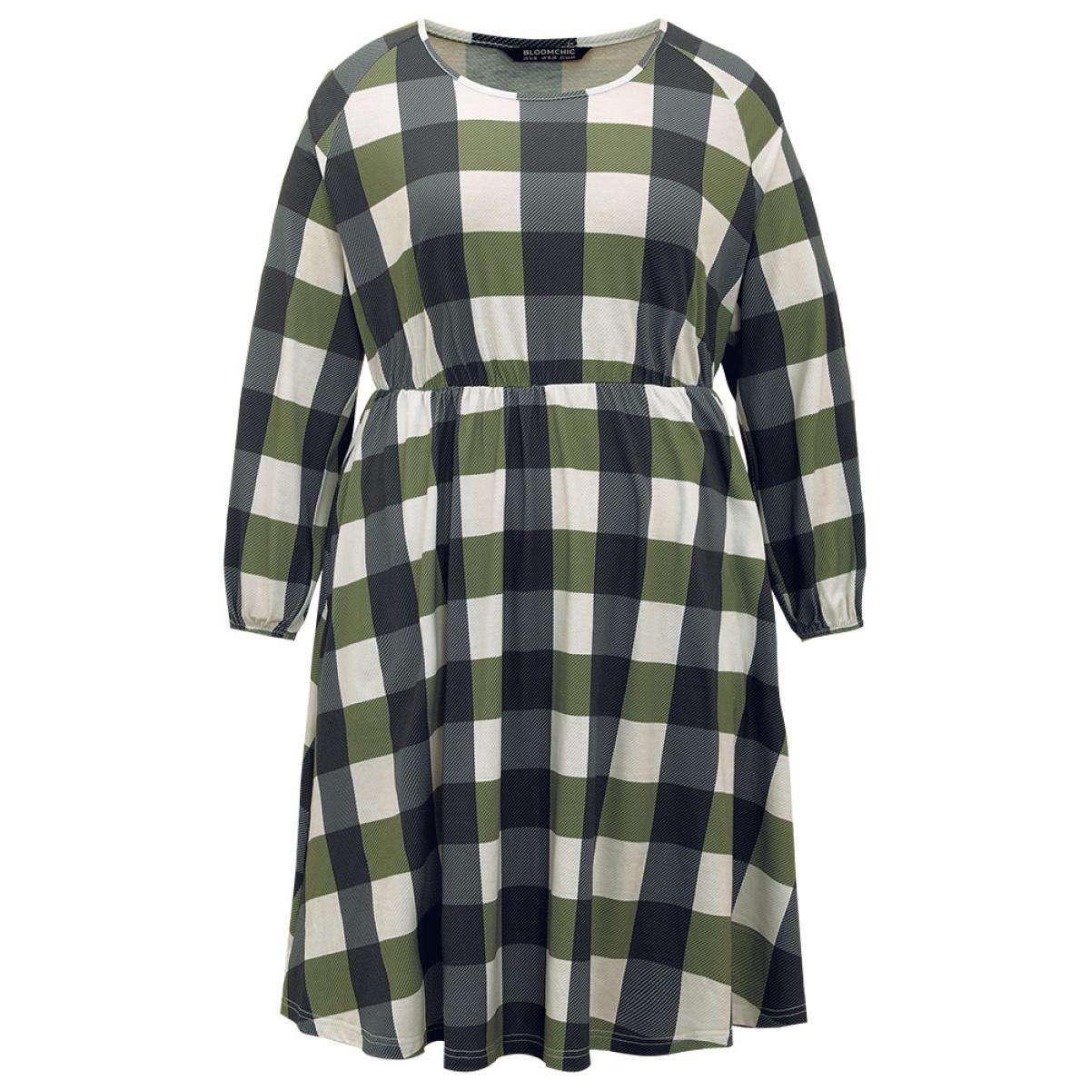 Plus Size Plaid Lantern Sleeve Ruffle Hem Dress DimGray Women Casual Elastic cuffs Scoop Neck Long Sleeve Curvy Midi Dress BloomChic 18-20/2X Product Image