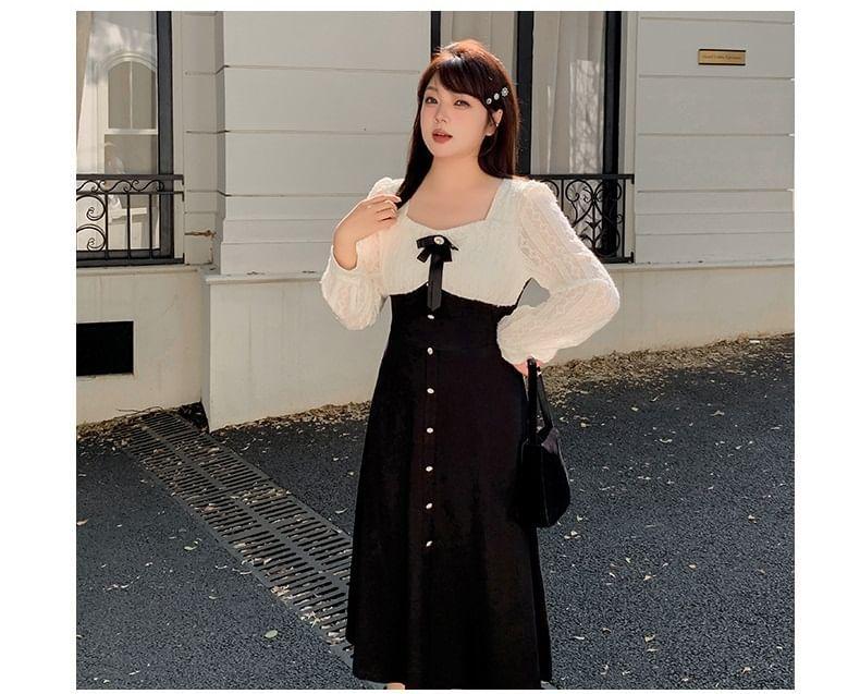 Plus Size Long-Sleeve Two Tone Lace Panel Button Midi A-Line Dress Product Image